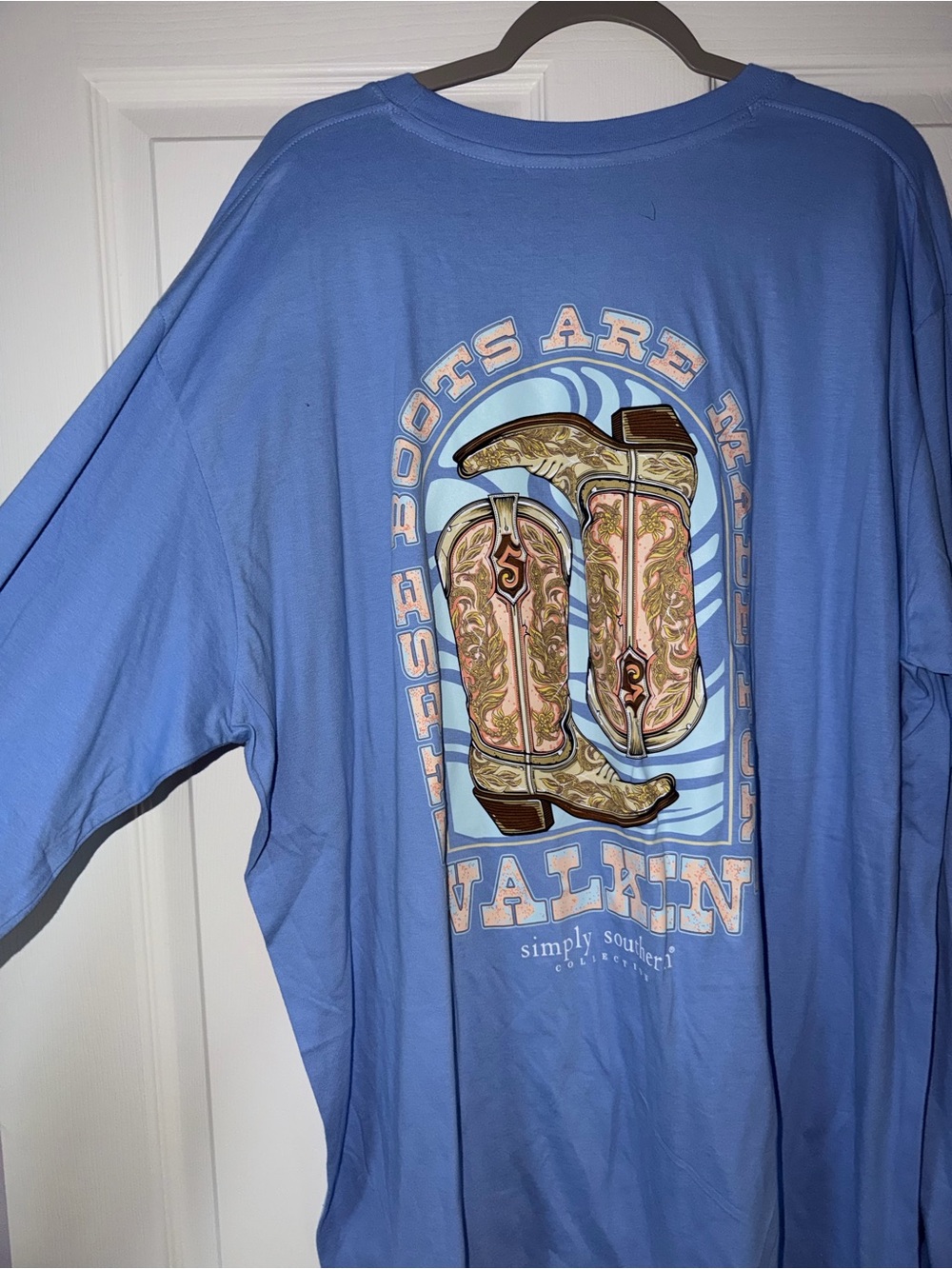 NWT Simply Southern Light Blue Tee with Cowboy Boots long sleeve